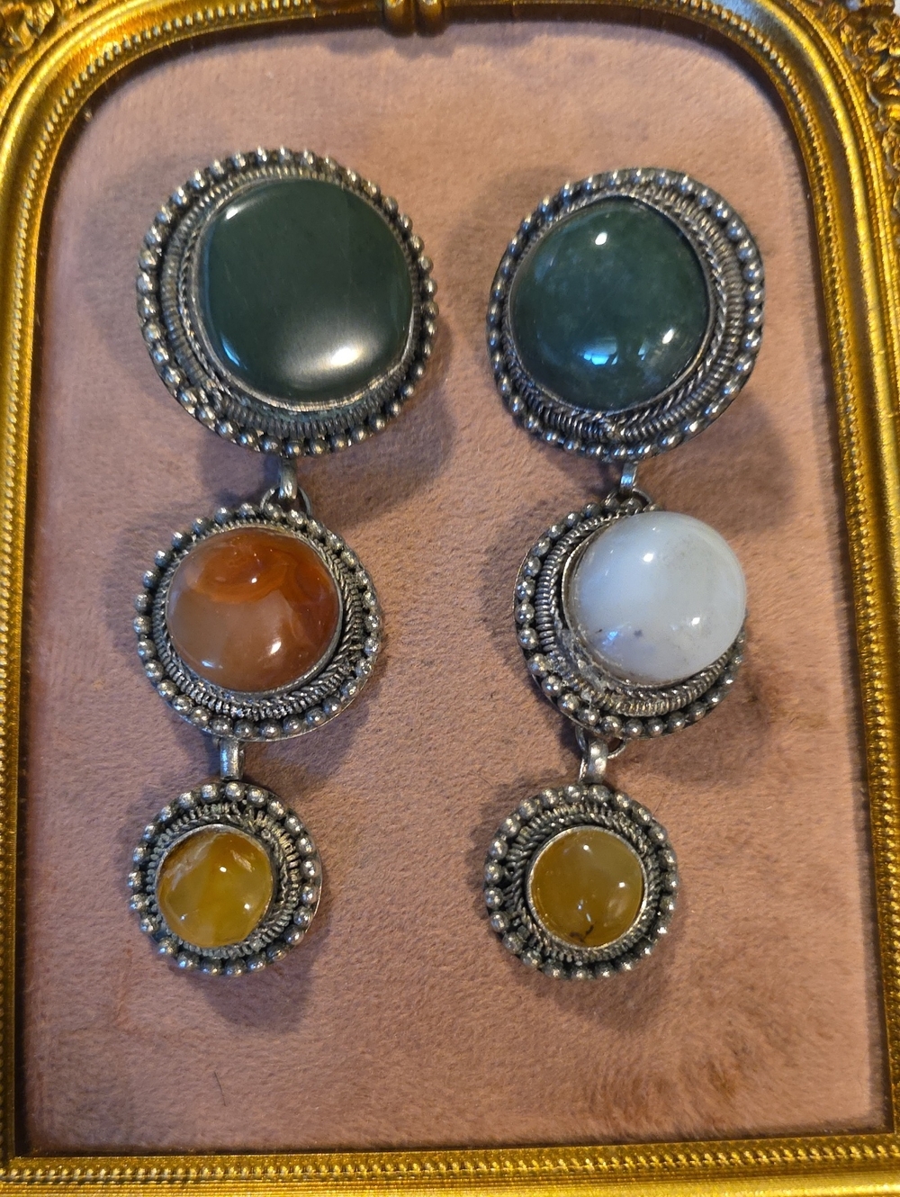Vintage Multi-Gemstone 3" Triple Drop Clip On Earrings